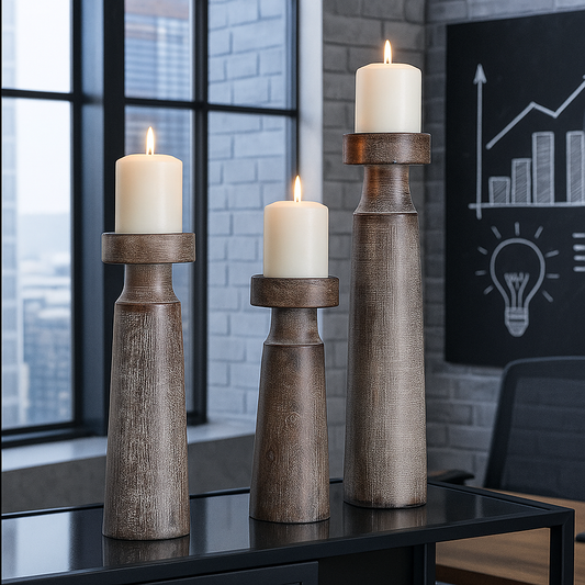 SET/3 PORTAVELAS MADERA MANGO MARRON