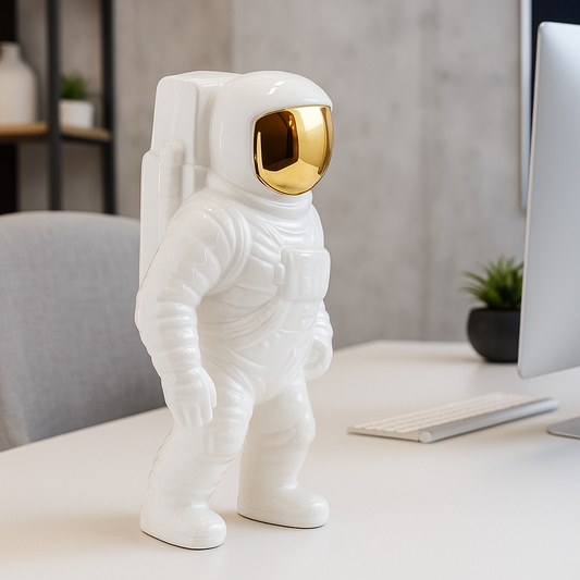 ESCULTURA ASTRONAUTA CERAMICA BLANCO Y DORADO