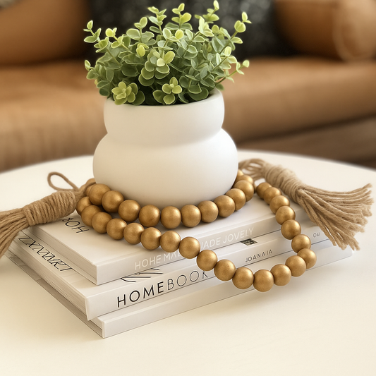 ROSARIO DECORATIVO DE CUENTAS DE MADERA CON DORADO