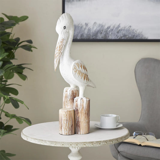 Pelícano Decorativo de Madera Blanco Deslavado