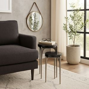 Set de 2 Mesas Cando de Cuarzo Negro y Metal Plateado