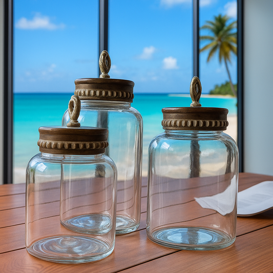 SET/3 BASES VIDRIO TRANSPARENTES CON TAPA CAFE