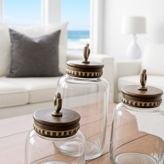 SET/3 BASES VIDRIO TRANSPARENTES CON TAPA CAFE